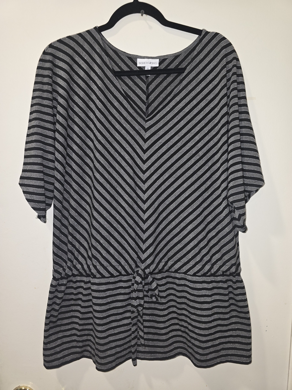 Fashion Bug Black & Gray Striped V-Neck Tie-Front Top